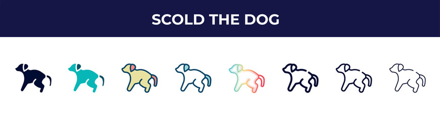scold the dog icon in 8 styles. line, filled, glyph, thin outline, colorful, stroke and gradient styles, scold the dog vector sign. symbol, logo illustration. different style icons set.