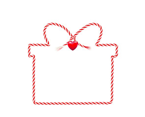 Geschenk Karton mit Schleife und Umrandung mit Dreh-Kordel Schnur Blanko Kärtchen mit Herz Anhänger,
Vektor Illustration isoliert auf weißem Hintergrund
