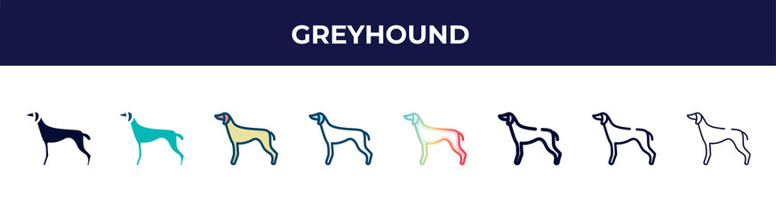 greyhound icon in 8 styles. line, filled, glyph, thin outline, colorful, stroke and gradient styles, greyhound vector sign. symbol, logo illustration. different style icons set.