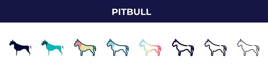 pitbull icon in 8 styles. line, filled, glyph, thin outline, colorful, stroke and gradient styles, pitbull vector sign. symbol, logo illustration. different style icons set.