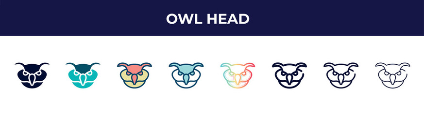 owl head icon in 8 styles. line, filled, glyph, thin outline, colorful, stroke and gradient styles, owl head vector sign. symbol, logo illustration. different style icons set.