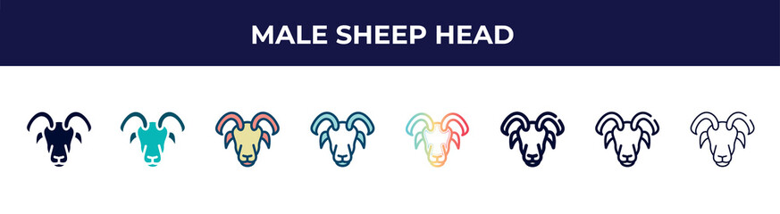 male sheep head icon in 8 styles. line, filled, glyph, thin outline, colorful, stroke and gradient styles, male sheep head vector sign. symbol, logo illustration. different style icons set.