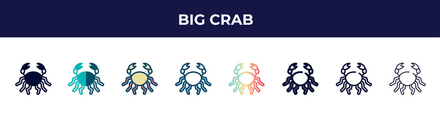 big crab icon in 8 styles. line, filled, glyph, thin outline, colorful, stroke and gradient styles, big crab vector sign. symbol, logo illustration. different style icons set.