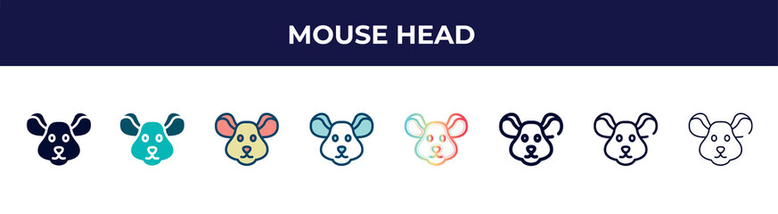 mouse head icon in 8 styles. line, filled, glyph, thin outline, colorful, stroke and gradient styles, mouse head vector sign. symbol, logo illustration. different style icons set.