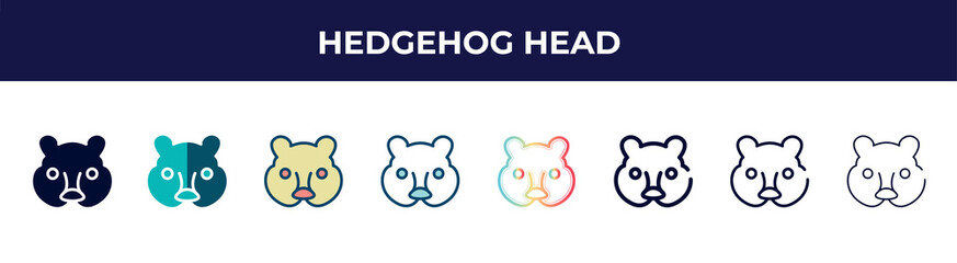 hedgehog head icon in 8 styles. line, filled, glyph, thin outline, colorful, stroke and gradient styles, hedgehog head vector sign. symbol, logo illustration. different style icons set.