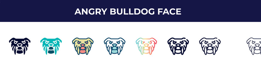 angry bulldog face icon in 8 styles. line, filled, glyph, thin outline, colorful, stroke and gradient styles, angry bulldog face vector sign. symbol, logo illustration. different style icons set.