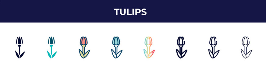 tulips icon in 8 styles. line, filled, glyph, thin outline, colorful, stroke and gradient styles, tulips vector sign. symbol, logo illustration. different style icons set.