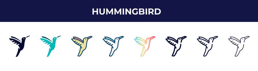 hummingbird icon in 8 styles. line, filled, glyph, thin outline, colorful, stroke and gradient styles, hummingbird vector sign. symbol, logo illustration. different style icons set.