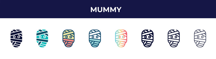mummy icon in 8 styles. line, filled, glyph, thin outline, colorful, stroke and gradient styles, mummy vector sign. symbol, logo illustration. different style icons set.
