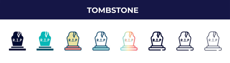 tombstone icon in 8 styles. line, filled, glyph, thin outline, colorful, stroke and gradient styles, tombstone vector sign. symbol, logo illustration. different style icons set.