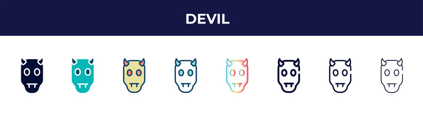 devil icon in 8 styles. line, filled, glyph, thin outline, colorful, stroke and gradient styles, devil vector sign. symbol, logo illustration. different style icons set.