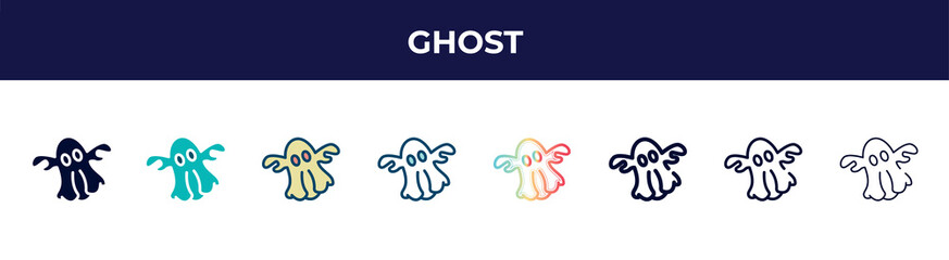 ghost icon in 8 styles. line, filled, glyph, thin outline, colorful, stroke and gradient styles, ghost vector sign. symbol, logo illustration. different style icons set.