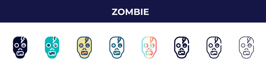 zombie icon in 8 styles. line, filled, glyph, thin outline, colorful, stroke and gradient styles, zombie vector sign. symbol, logo illustration. different style icons set.