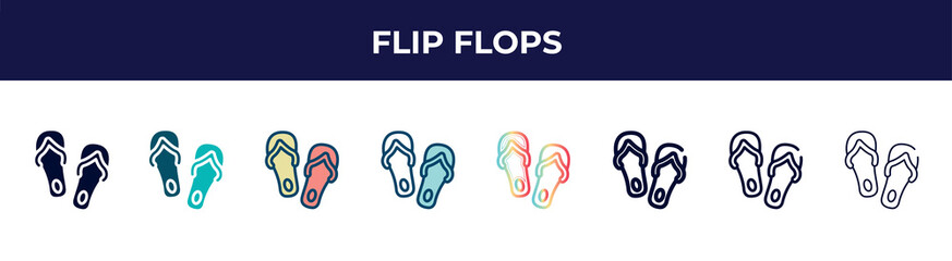 flip flops icon in 8 styles. line, filled, glyph, thin outline, colorful, stroke and gradient styles, flip flops vector sign. symbol, logo illustration. different style icons set.