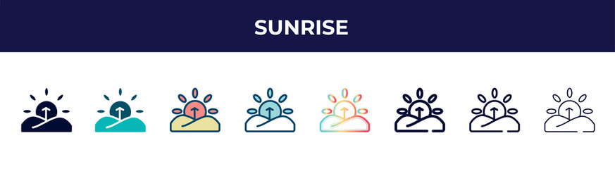 sunrise icon in 8 styles. line, filled, glyph, thin outline, colorful, stroke and gradient styles, sunrise vector sign. symbol, logo illustration. different style icons set.