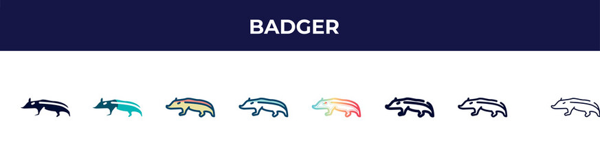 badger icon in 8 styles. line, filled, glyph, thin outline, colorful, stroke and gradient styles, badger vector sign. symbol, logo illustration. different style icons set.
