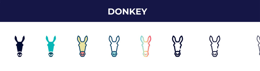 donkey icon in 8 styles. line, filled, glyph, thin outline, colorful, stroke and gradient styles, donkey vector sign. symbol, logo illustration. different style icons set.