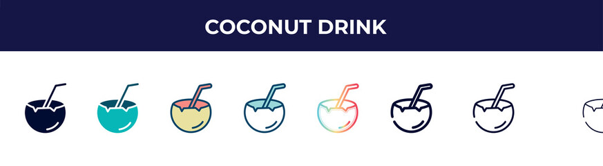 coconut drink icon in 8 styles. line, filled, glyph, thin outline, colorful, stroke and gradient styles, coconut drink vector sign. symbol, logo illustration. different style icons set.