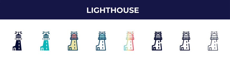 lighthouse icon in 8 styles. line, filled, glyph, thin outline, colorful, stroke and gradient styles, lighthouse vector sign. symbol, logo illustration. different style icons set.