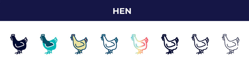 Fototapeta na wymiar hen icon in 8 styles. line, filled, glyph, thin outline, colorful, stroke and gradient styles, hen vector sign. symbol, logo illustration. different style icons set.