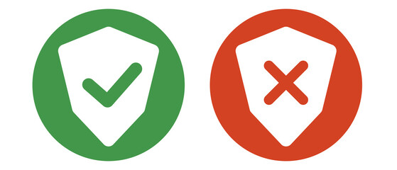 Shield icon set with check mark and cross mark. Vector.