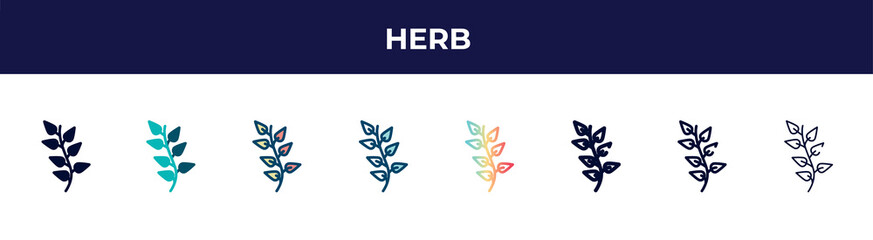herb icon in 8 styles. line, filled, glyph, thin outline, colorful, stroke and gradient styles, herb vector sign. symbol, logo illustration. different style icons set.