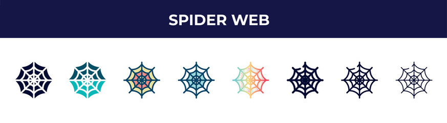 spider web icon in 8 styles. line, filled, glyph, thin outline, colorful, stroke and gradient styles, spider web vector sign. symbol, logo illustration. different style icons set.
