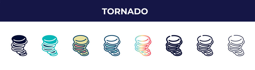 tornado icon in 8 styles. line, filled, glyph, thin outline, colorful, stroke and gradient styles, tornado vector sign. symbol, logo illustration. different style icons set.