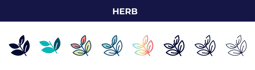 herb icon in 8 styles. line, filled, glyph, thin outline, colorful, stroke and gradient styles, herb vector sign. symbol, logo illustration. different style icons set.