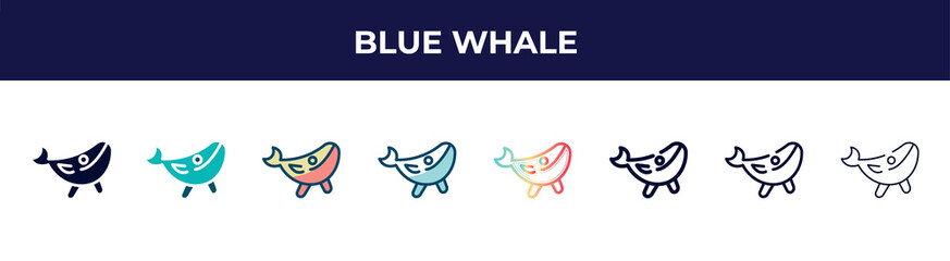 blue whale icon in 8 styles. line, filled, glyph, thin outline, colorful, stroke and gradient styles, blue whale vector sign. symbol, logo illustration. different style icons set.