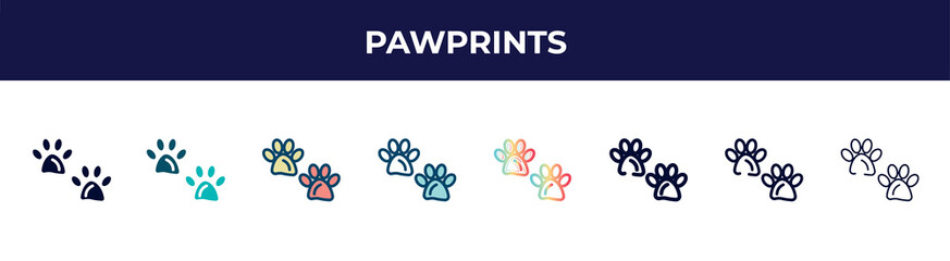 pawprints icon in 8 styles. line, filled, glyph, thin outline, colorful, stroke and gradient styles, pawprints vector sign. symbol, logo illustration. different style icons set.