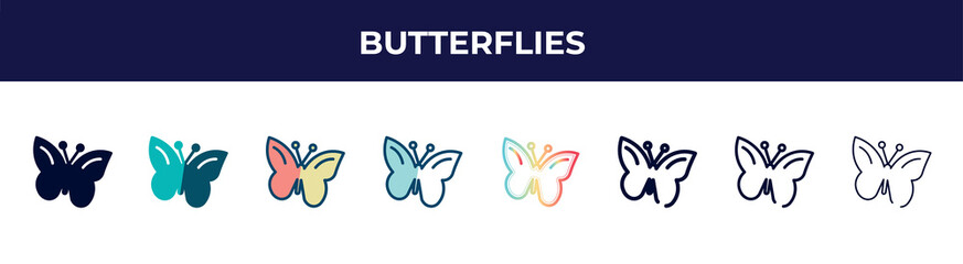 butterflies icon in 8 styles. line, filled, glyph, thin outline, colorful, stroke and gradient styles, butterflies vector sign. symbol, logo illustration. different style icons set.