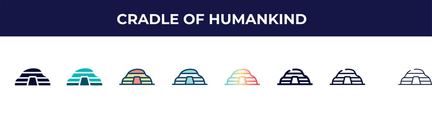 cradle of humankind icon in 8 styles. line, filled, glyph, thin outline, colorful, stroke and gradient styles, cradle of humankind vector sign. symbol, logo illustration. different style icons set.