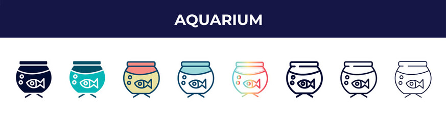 aquarium icon in 8 styles. line, filled, glyph, thin outline, colorful, stroke and gradient styles, aquarium vector sign. symbol, logo illustration. different style icons set.
