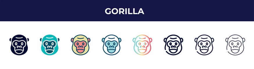 gorilla icon in 8 styles. line, filled, glyph, thin outline, colorful, stroke and gradient styles, gorilla vector sign. symbol, logo illustration. different style icons set.