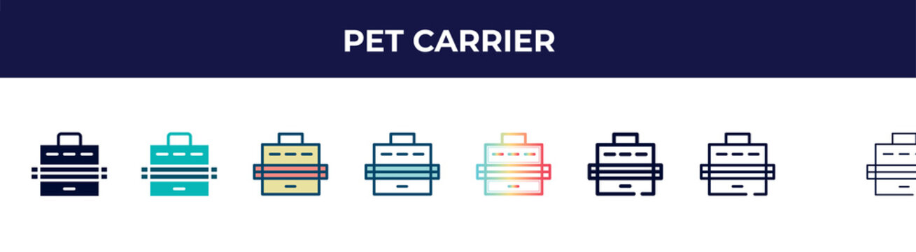 pet carrier icon in 8 styles. line, filled, glyph, thin outline, colorful, stroke and gradient styles, pet carrier vector sign. symbol, logo illustration. different style icons set.