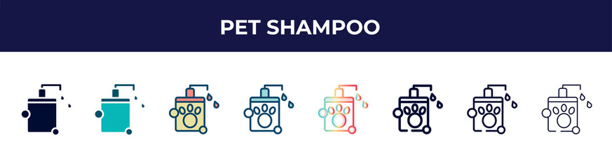 pet shampoo icon in 8 styles. line, filled, glyph, thin outline, colorful, stroke and gradient styles, pet shampoo vector sign. symbol, logo illustration. different style icons set.