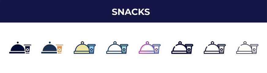 snacks icon in 8 styles. line, filled, glyph, thin outline, colorful, stroke and gradient styles, snacks vector sign. symbol, logo illustration. different style icons set.