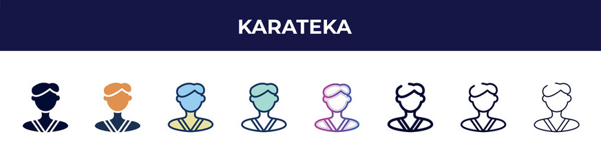 karateka icon in 8 styles. line, filled, glyph, thin outline, colorful, stroke and gradient styles, karateka vector sign. symbol, logo illustration. different style icons set.