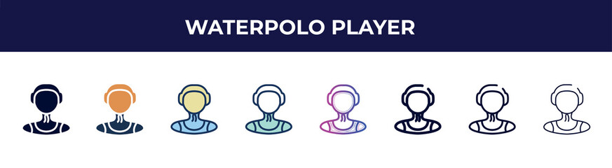 waterpolo player icon in 8 styles. line, filled, glyph, thin outline, colorful, stroke and gradient styles, waterpolo player vector sign. symbol, logo illustration. different style icons set.
