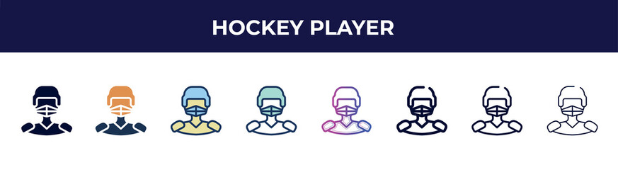 hockey player icon in 8 styles. line, filled, glyph, thin outline, colorful, stroke and gradient styles, hockey player vector sign. symbol, logo illustration. different style icons set.
