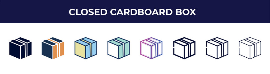 closed cardboard box icon in 8 styles. line, filled, glyph, thin outline, colorful, stroke and gradient styles, closed cardboard box vector sign. symbol, logo illustration. different style icons