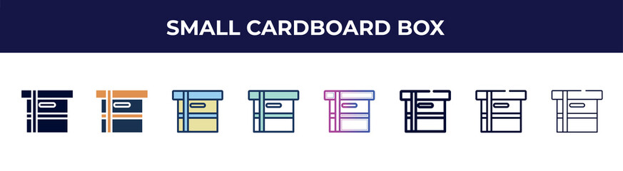 small cardboard box icon in 8 styles. line, filled, glyph, thin outline, colorful, stroke and gradient styles, small cardboard box vector sign. symbol, logo illustration. different style icons set.