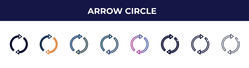arrow circle icon in 8 styles. line, filled, glyph, thin outline, colorful, stroke and gradient styles, arrow circle vector sign. symbol, logo illustration. different style icons set.
