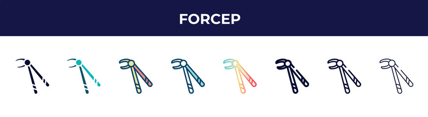 forcep icon in 8 styles. line, filled, glyph, thin outline, colorful, stroke and gradient styles, forcep vector sign. symbol, logo illustration. different style icons set.