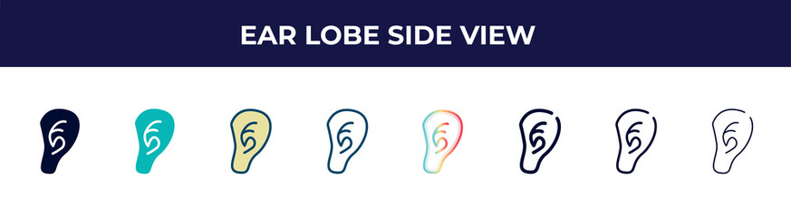 ear lobe side view icon in 8 styles. line, filled, glyph, thin outline, colorful, stroke and gradient styles, ear lobe side view vector sign. symbol, logo illustration. different style icons set.
