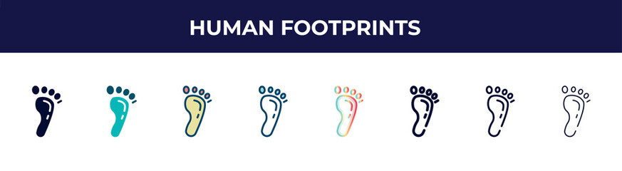 human footprints icon in 8 styles. line, filled, glyph, thin outline, colorful, stroke and gradient styles, human footprints vector sign. symbol, logo illustration. different style icons set.