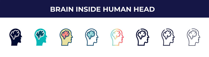 brain inside human head icon in 8 styles. line, filled, glyph, thin outline, colorful, stroke and gradient styles, brain inside human head vector sign. symbol, logo illustration. different style
