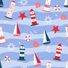 Obraz na płótnie Canvas Seamless pattern with marine print. Boats, lighthouses, starfish, steering wheel on the background of the sea. Vector graphics.