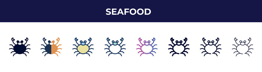 seafood icon in 8 styles. line, filled, glyph, thin outline, colorful, stroke and gradient styles, seafood vector sign. symbol, logo illustration. different style icons set.